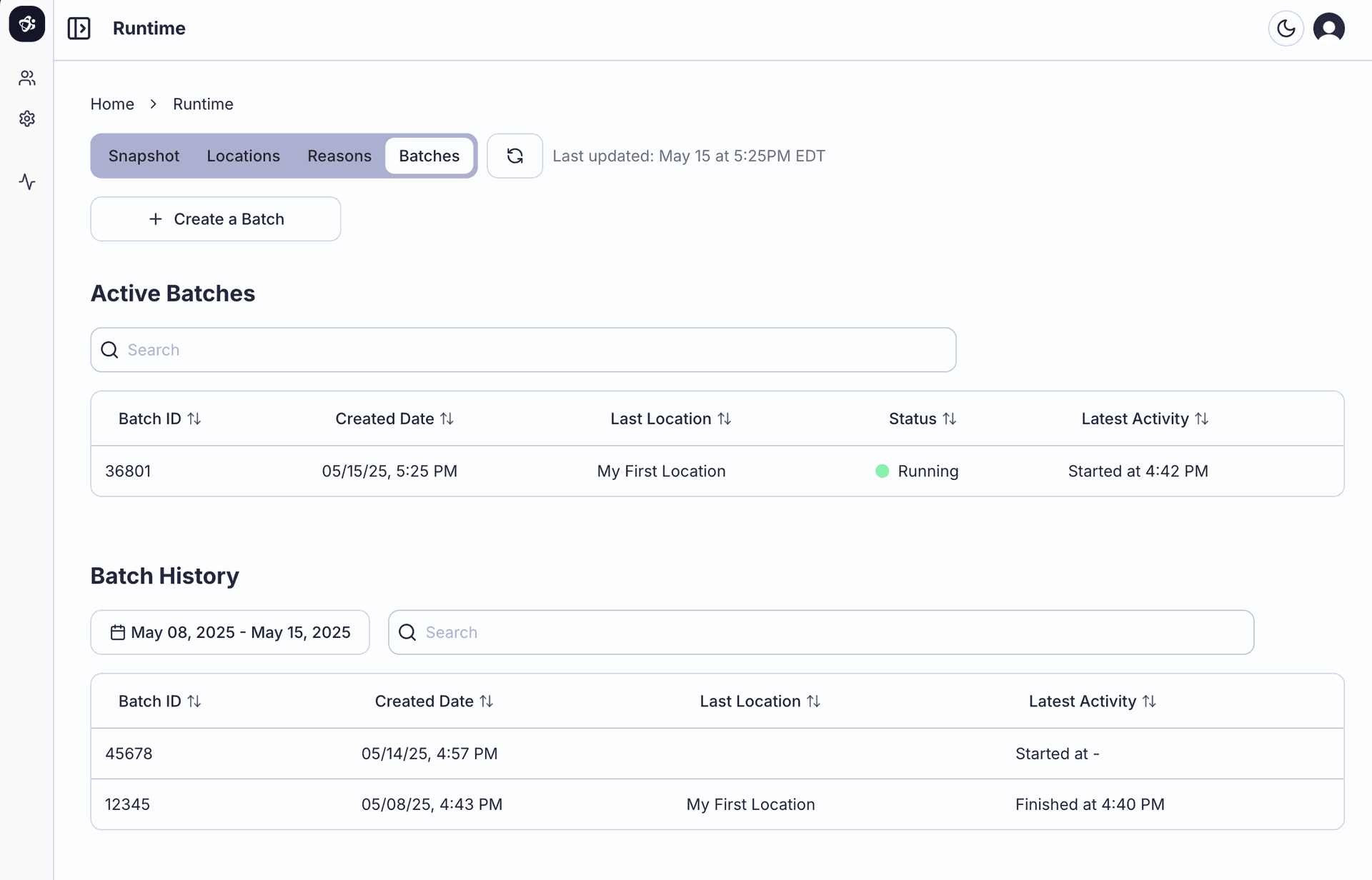 Screenshot of Batches tab showing active and history tables