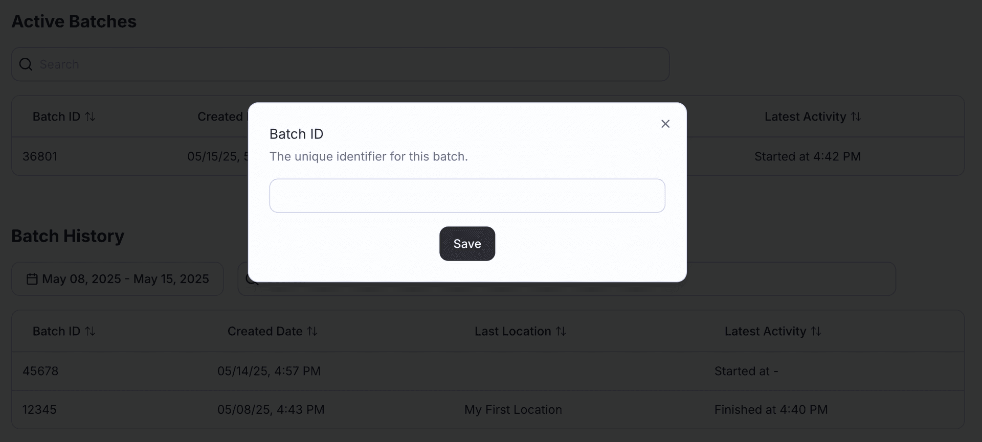 Screenshot of create batch modal
