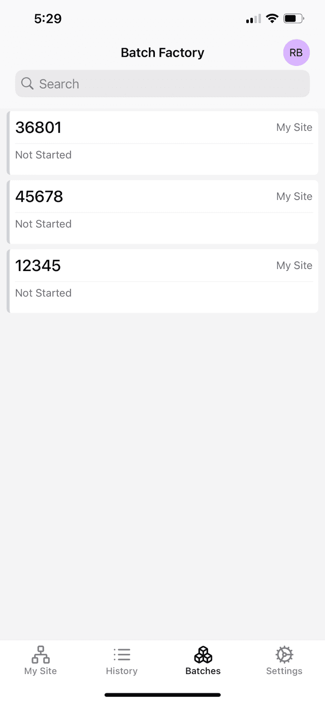 Screenshot of batch history in mobile app